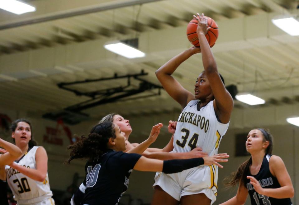 Kickapoo's Indya Green shoots a field goal during the championship game of the Pink division in the Pink and White Tournament against the Willard Lady Tigers at Parkview High School on Thursday, Dec. 31, 2020.