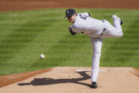 New York Yankees starting pitcher Jordan Montgomery throws in the first inning of a baseball game against the Baltimore Orioles, Saturday, Sept. 12, 2020, in New York. (AP Photo/John Minchillo)