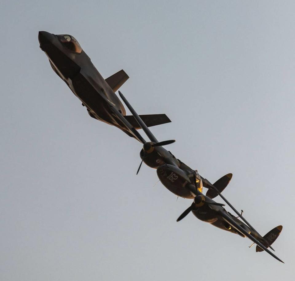 The U.S. Air Force demo team perform a Heritage Flight to wrap up the Afterburnin’ Drive-In Airshow on the first day of the California Capital Airshow on Friday, Sept. 24, 2021, at Mather Airport in Sacramento. The drive-in event, which offered more personal space and opportunity to bring food and drinks from home, was a first of its kind for the airshow.