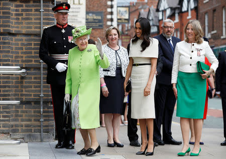 Britain's Queen Elizabeth and Meghan, the Duchess of Sussex, arrive at the Storyhouse during their visit to Chester, June 14, 2018. REUTERS/Phil Noble/Pool