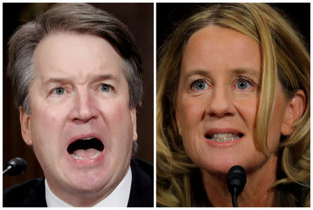 U.S. Supreme Court nominee Brett Kavanaugh and Professor Christine Blasey Ford, testify in this combination photo during a Senate Judiciary Committee confirmation hearing on Capitol Hill in Washington, DC, U.S., September 27, 2018. REUTERS/Jim Bourg/Files