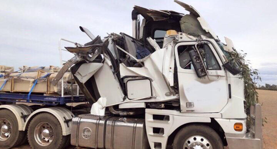 The damage to the truck looks extreme. It’s a miracle the driver wasn’t seriously injured. Source: NSW Police Facebook