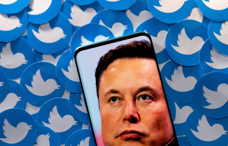 FILE PHOTO: Illustration shows Elon Musk image on smartphone and printed Twitter logos