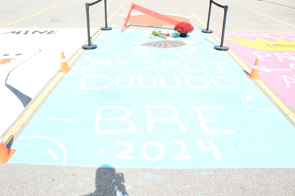 A parking lot spot at Mapleton High School with Bre McKean's name on it during homecoming week.