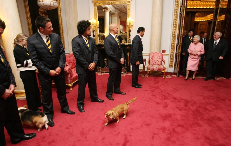 LONDON, ENGLAND - OCTOBER 16: (NO PUBLICATION IN UK MEDIA FOR 28 DAYS) Queen Elizabeth II meets players and officials from the New Zealand Rugby League Team, the All Golds, inside the Bow Room at Buckingham Palace on October 16, 2007 in London, England. (Photo by POOL/ Tim Graham Picture Library/Getty Images)