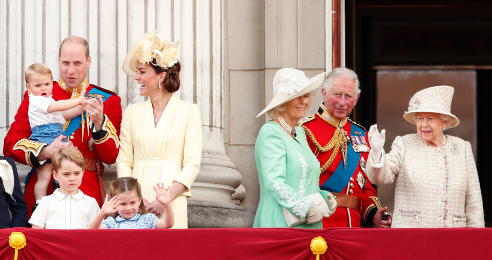 LONDON, UNITED KINGDOM - JUNE 08: (EMBARGOED FOR PUBLICATION IN UK NEWSPAPERS UNTIL 24 HOURS AFTER CREATE DATE AND TIME) Prince William, Duke of Cambridge, Catherine, Duchess of Cambridge, Prince Louis of Cambridge, Prince George of Cambridge, Princess Charlotte of Cambridge, Camilla, Duchess of Cornwall, Prince Charles, Prince of Wales and Queen Elizabeth II watch a flypast from the balcony of Buckingham Palace during Trooping The Colour, the Queen's annual birthday parade, on June 8, 2019 in London, England. The annual ceremony involving over 1400 guardsmen and cavalry, is believed to have first been performed during the reign of King Charles II. The parade marks the official birthday of the Sovereign, although the Queen's actual birthday is on April 21st. (Photo by Max Mumby/Indigo/Getty Images)