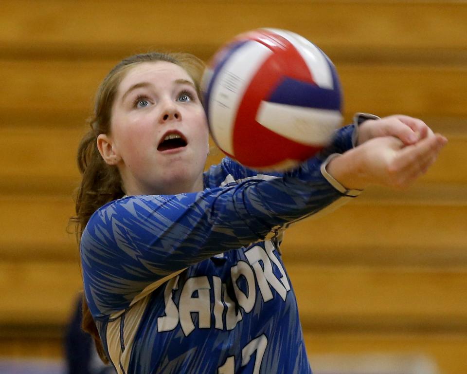 Scituate's Cassidy Grant eyes her return during third set action of their match against Plymouth North at Scituate High on Wednesday, Oct. 5, 2022. 