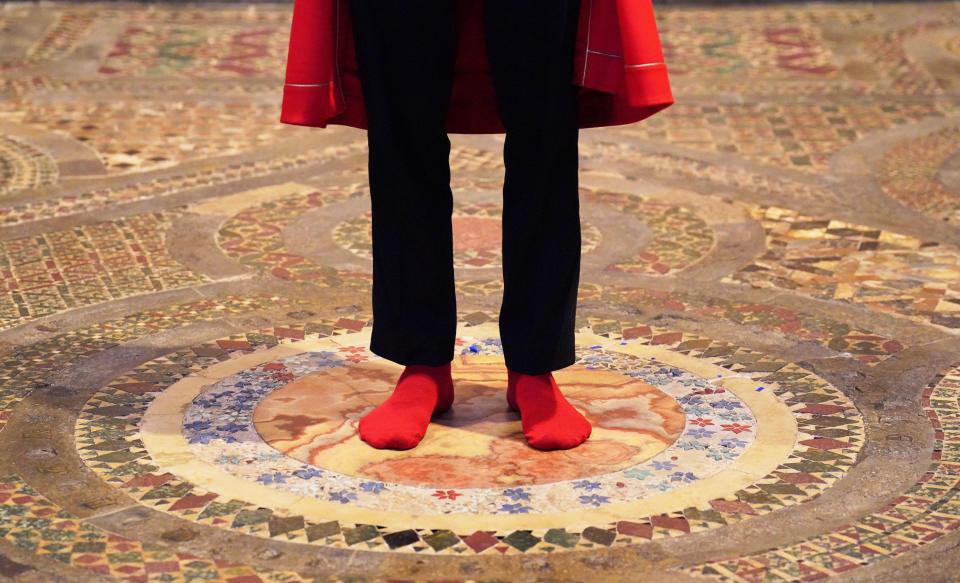 Abbey Marshal Howard Berry stands at the centre of the Cosmati pavement, located before the altar, during a photo call at Westminster Abbey, central London, to announce special events to celebrate the Coronation of King Charles III. Picture date: Thursday March 23, 2023. (Photo by Jonathan Brady/PA Images via Getty Images)