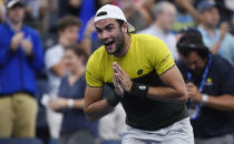 Matteo Berrettini, of Italy, bows to the crowd after defeating Andrey Rublev, of Russia, during the fourth round of the US Open tennis championships Monday, Sept. 2, 2019, in New York. (AP Photo/Sarah Stier)