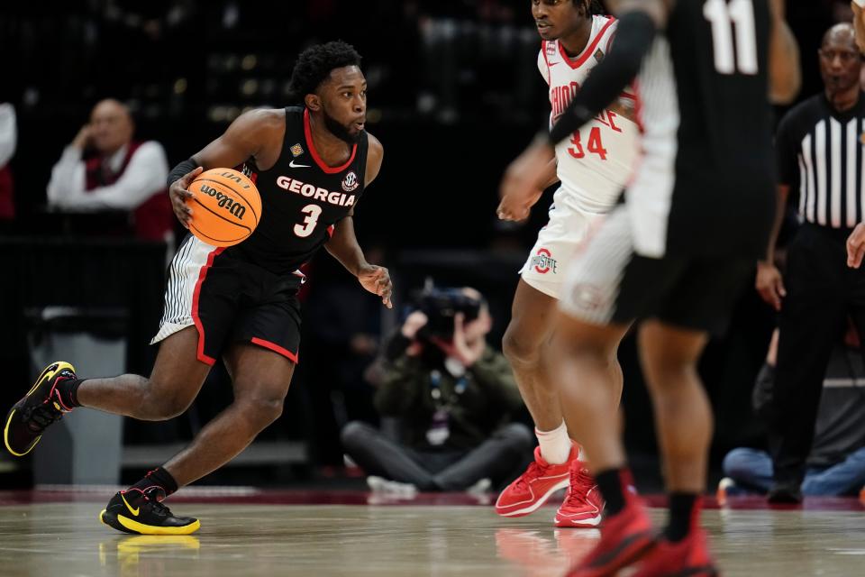 Georgia Bulldogs guard Noah Thomasson (3) dribbles during the second half of the NIT quarterfinals against the Ohio State Buckeyes at Value City Arena.