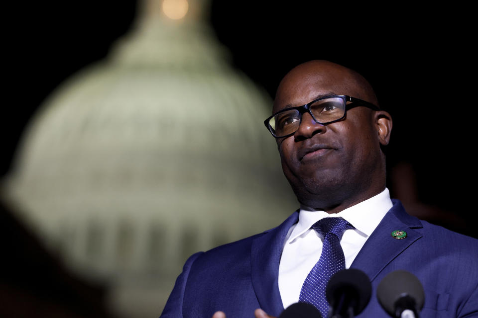 Rep. Jamaal Bowman speaks at a news conference outside the U.S. Capitol building on Nov. 13, 2023. / Credit: Anna Moneymaker / Getty Images