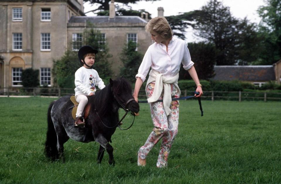 <p>Princess Diana leads a small pony with Prince William on top at Highgrove. </p>