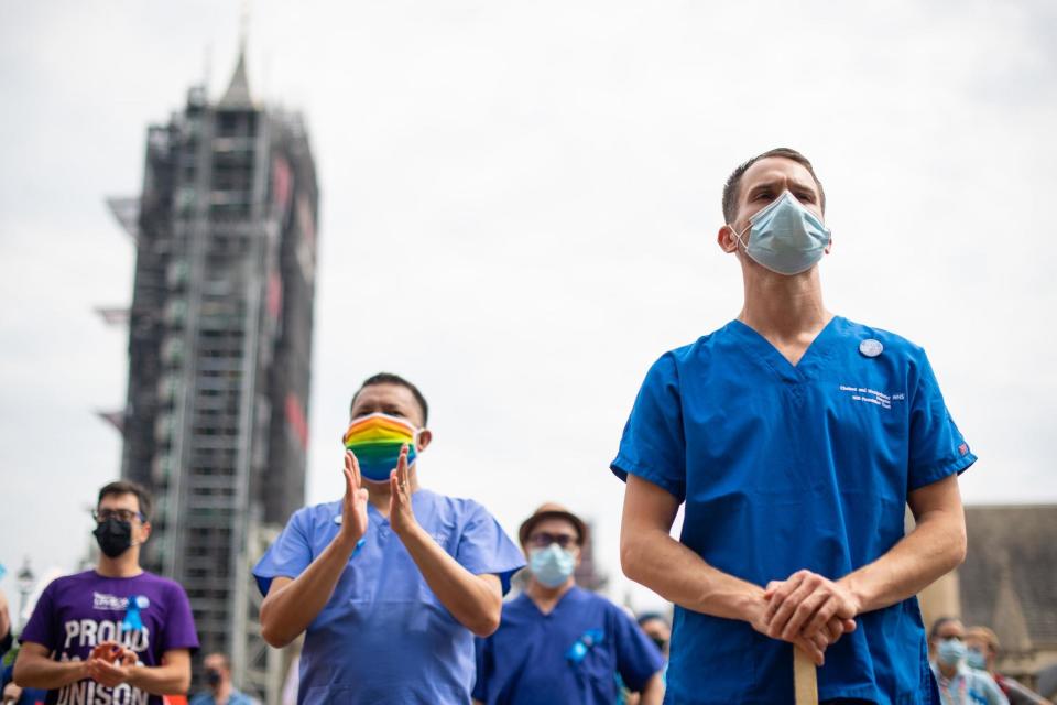 NHS workers at a rally in Parliament Square, London, in August, as part of a national protest over pay: Dominic Lipinski/PA Wire