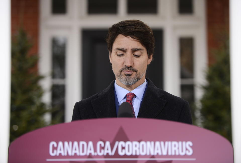 Prime Minister Justin Trudeau addresses Canadians on the COVID-19 pandemic from Rideau Cottage in Ottawa on March 26, 2020. (Photo: Sean Kilpatrick/CP)