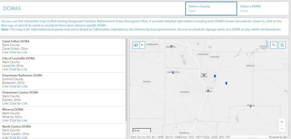 The Ohio Department of Commerce maintains an interactive map online showing where all the Designated Outdoor Refreshment Areas are in Ohio. The site is available at https://com.ohio.gov/divisions-and-programs/liquor-control/local-government-resources/designated-outdoor-refreshment-areas.