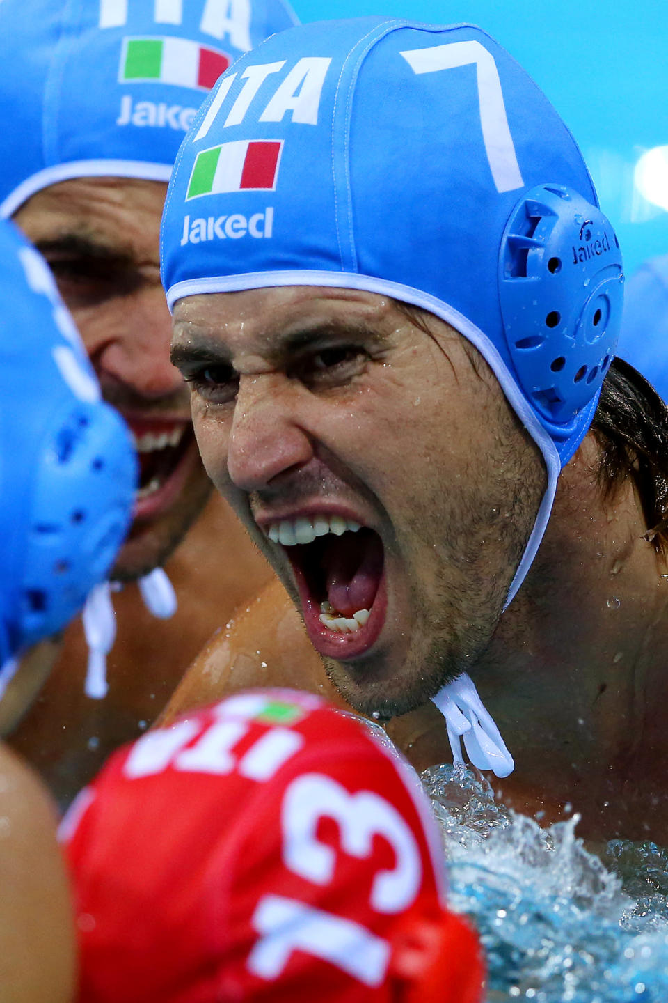 LONDON, ENGLAND - JULY 31: Massimo Giacoppo #7 of Italy moivates his team-mates before the Men's Water Polo preliminary round Group A match against Greece on Day 4 of the London 2012 Olympic Games at Water Polo Arena on July 31, 2012 in London, England. (Photo by Streeter Lecka/Getty Images)