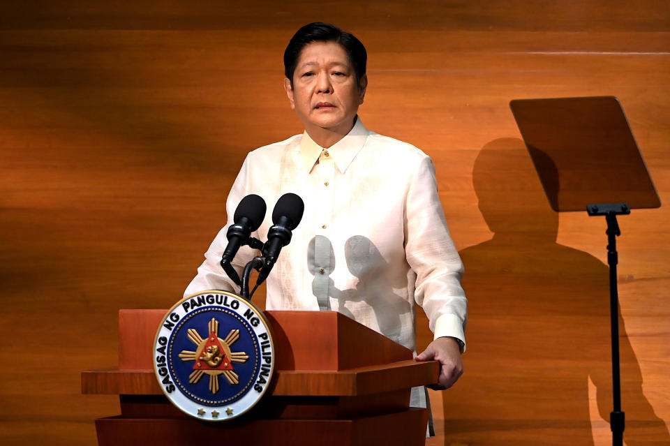 New Philippine President Ferdinand Marcos Jr., delivers his first state of the nation address in, Quezon city, Philippines, Monday, July 25, 2022. Marcos Jr. delivered his first State of the Nation address Monday with momentum from his landslide election victory, but he's hamstrung by history as an ousted dictator’s son and daunting economic headwinds. (Jamillah Sta Rosa/Pool Photo via AP)