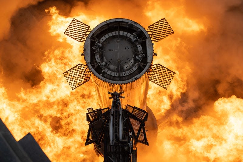 Super Heavy during the static fire test on February 9, 2023.