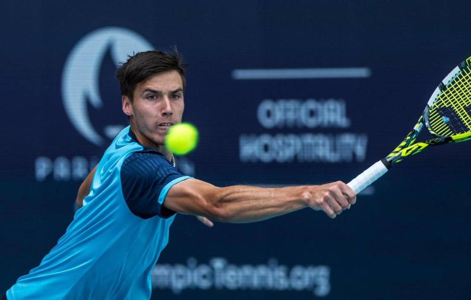 Fábián Marozsán, of Hungary returns against Alexander Zverev (4) of Germany during the men’s single quarter finals at the Miami Open tennis tournament, on Thursday, March 28, 2024.