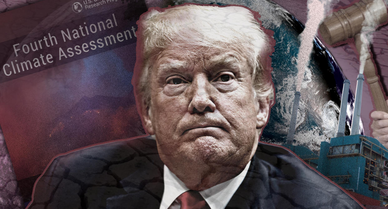 The National Climate Assessment is at odds with President Trumpâs energy policies. (Photo illustration: Yahoo News; photos: Evan Vucci/AP, AP)