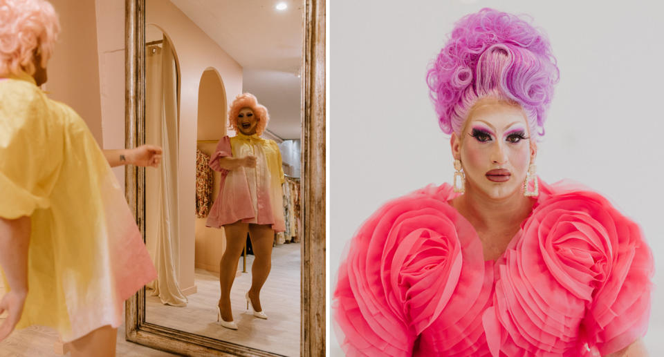 Drag queen Timberlina's mirror reflection can be seen on the left, as she laughs at her reflection. Right, Timberlina is looking at the camera with a purple wig and pink gown on. 