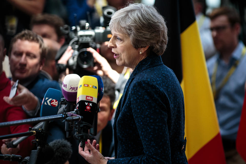 Theresa May speaks to reporters at the European Council in Brussels (Getty)