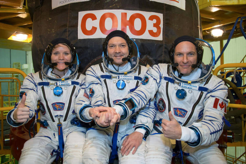 Three astronauts are blasting off to the International Space Station this