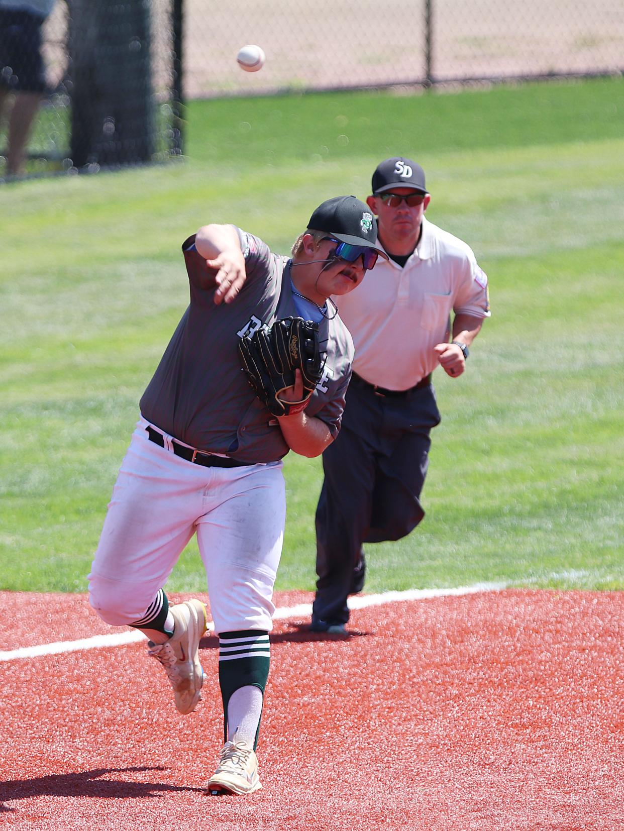 Big Stone City third baseman Carter Lee throws to first during a game against Dell Rapids in the state Class B American Legion Baseball Tournament on Friday, Aug. 2, 2024 in Salem. Dell Rapids won 10-0 in five innings.