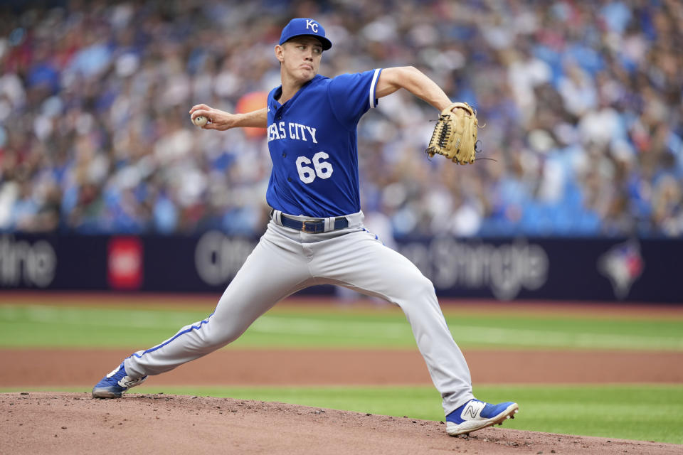 Kansas City Royals relief pitcher James McArthur (66) works against the Toronto Blue Jays during the first inning of a baseball game in Toronto, Saturday, Sept. 9, 2023. (Nathan Denette/The Canadian Press via AP)
