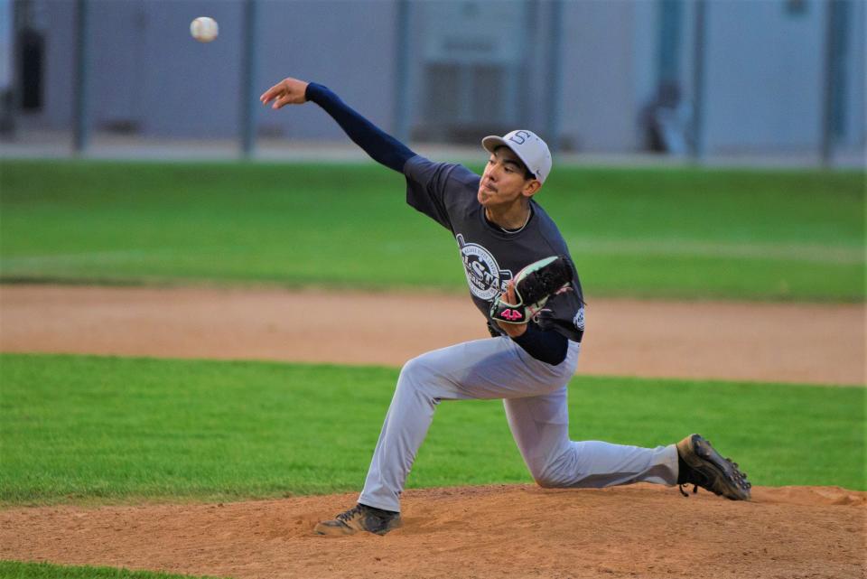Silverado's Uriel Martin delivers a pitch during the annual all-star baseball game on June 9, 2023, at Sultana High School. The Mojave River League squad pulled off a 7-4 victory over the Desert Sky League.