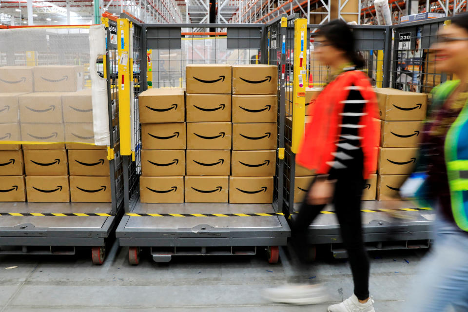 Amazon packages are seen at the new Amazon warehouse during its opening announcement on the outskirts of Mexico City, Mexico July 30, 2019. Picture taken July 30 2019. REUTERS/Carlos Jasso