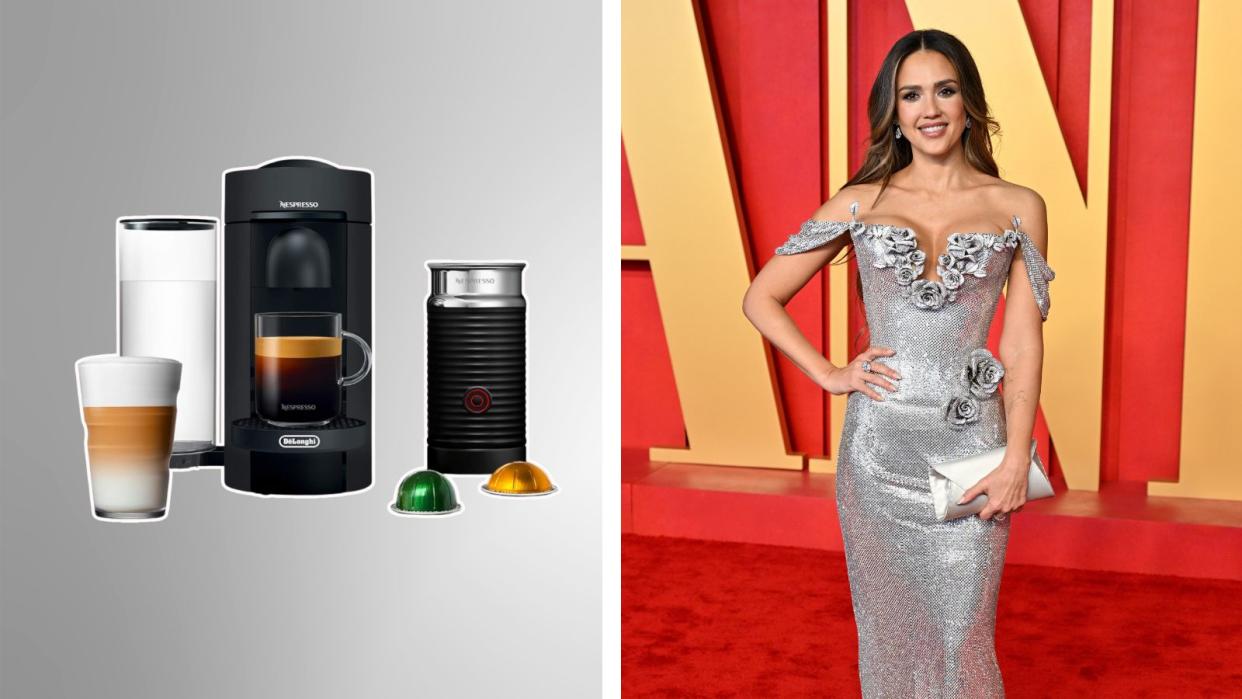  A photo of a Nespresso coffee and espresso machine on a silver background next to Jessica alba in a silver dress at the Vanity Fair Oscars party. 