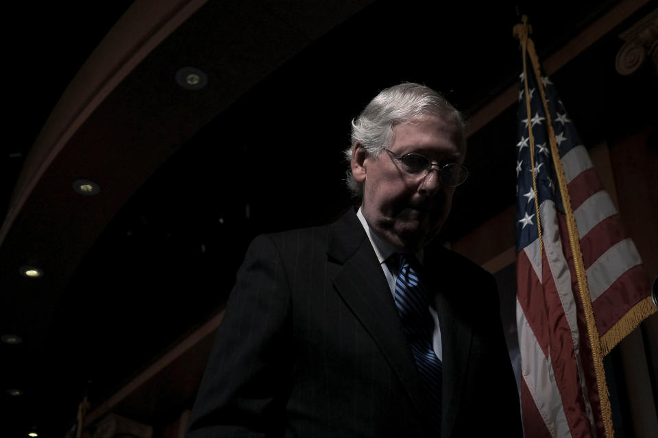 Senate Majority Leader Mitch McConnell (R-Ky.) speaks to the the press after the impeachment vote to acquit President Trump at the Capitol in Washington, D.C., on Feb. 5, 2020. | Gabriella Demczuk for TIME