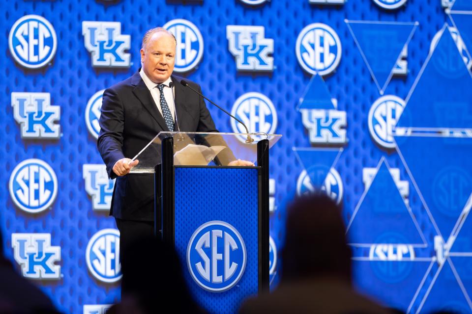 Jul 18, 2024; Dallas, TX, USA; Kentucky head coach Mark Stoops speaking at Omni Dallas Hotel. Mandatory Credit: Brett Patzke-USA TODAY Sports