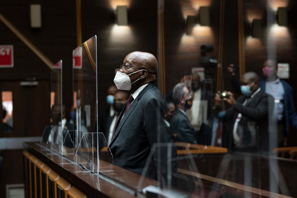 Former South African President Jacob Zuma, stands in the High Court in Pietermaritzburg, South Africa. Jacob Zuma has demanded to be acquitted of corruption charges because of the alleged abuse he has suffered at the hands of his prosecutors on October 26, 2021