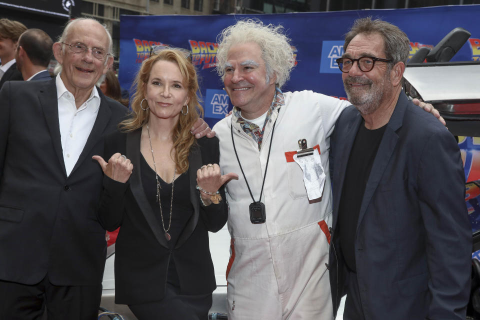 Actors Christopher Lloyd, from left, Lea Thompson and Roger Bart, and musician Huey Lewis attend the "Back to the Future: The Musical" Broadway opening at the Winter Garden Theatre on Tuesday, July 25, 2023, in New York. (Photo by Andy Kropa/Invision/AP)