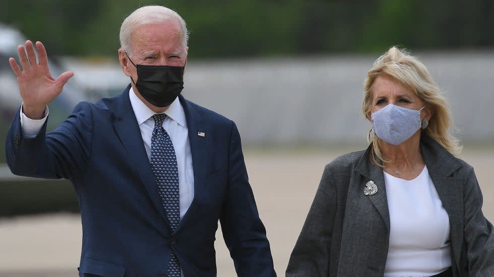 President Biden and first lady Jill Biden arrive to board Marine One in Chesapeake, Va.