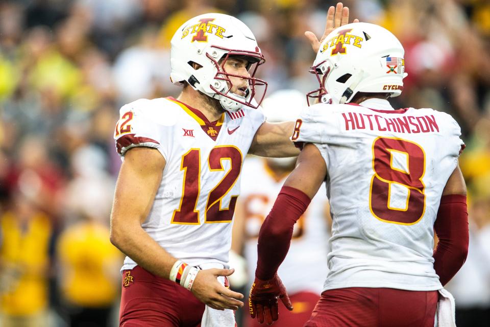 Iowa State receiver Xavier Hutchinson (8) and quarterback Hunter Dekkers have formed quite a connection during Dekkers' first season as the starter.