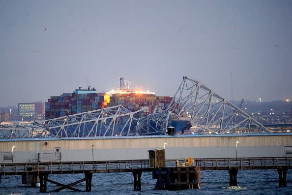 The Dali container vessel after striking the Francis Scott Key Bridge that collapsed into the Patapsco River in Baltimore, Maryland, US, on Tuesday, March 26, 2024. The commuter bridge collapsed after being rammed by the Dali ship, causing vehicles to plunge into the water. Photographer: Al Drago/Bloomberg via Getty Images