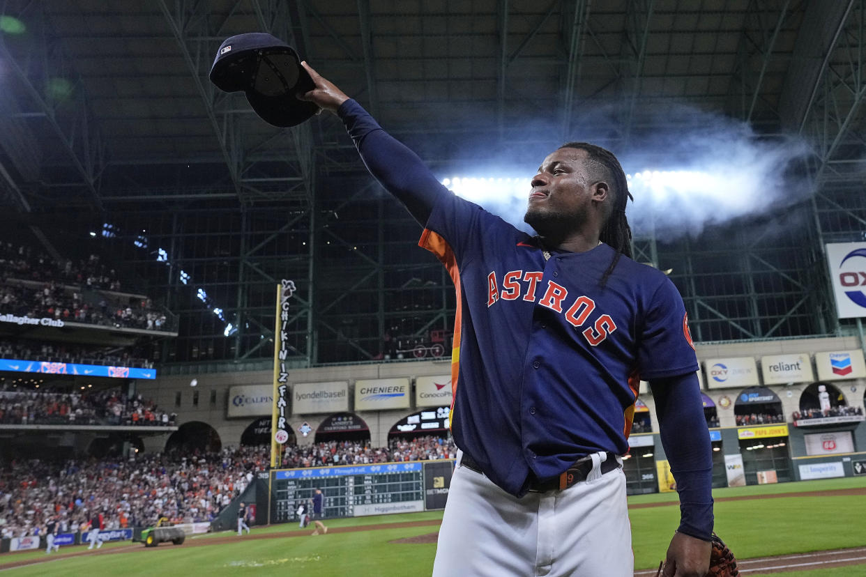 Houston Astros starting pitcher Framber Valdez acknowledges the crowd after throwing a no-hitter against the Cleveland Guardians. (AP Photo/Kevin M. Cox)