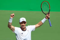 2016 Rio Olympics - Tennis - Semifinal - Men's Singles Semifinals - Olympic Tennis Centre - Rio de Janeiro, Brazil - 13/08/2016. Andy Murray (GBR) of Britain celebrates after winning match against Kei Nishikori (JPN) of Japan. REUTERS/Kevin Lamarque