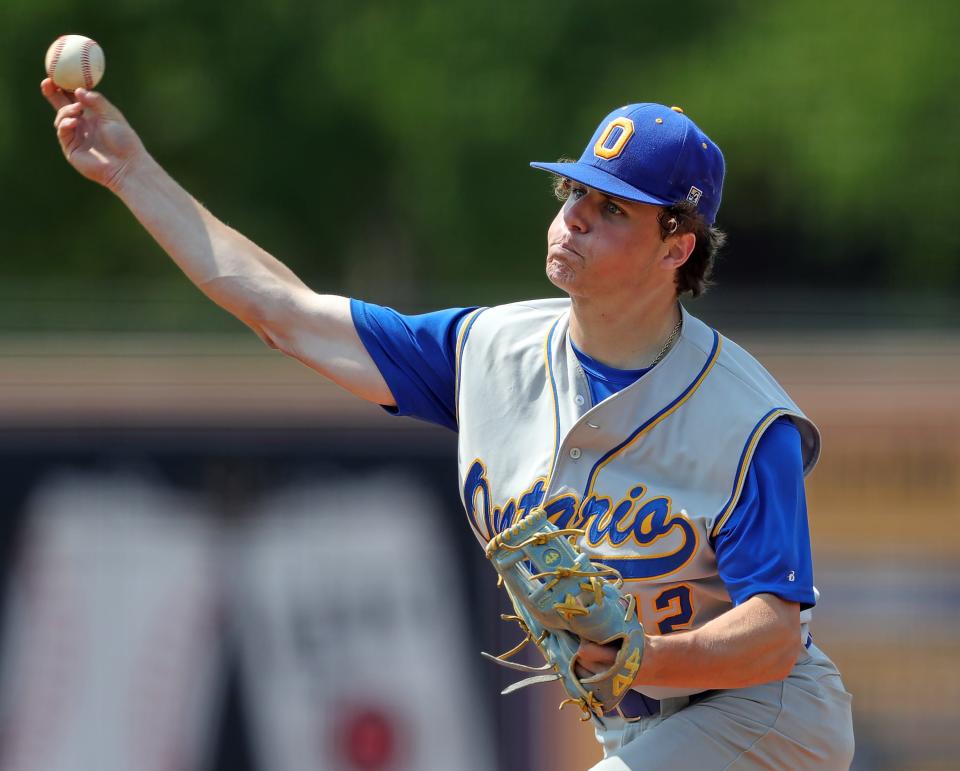 Ontario reliever Carter Walters throws against Washington during the seventh inning of an OHSAA Division II state semifinal baseball game at Canal Park, Friday, June 9, 2023, in Akron, Ohio.