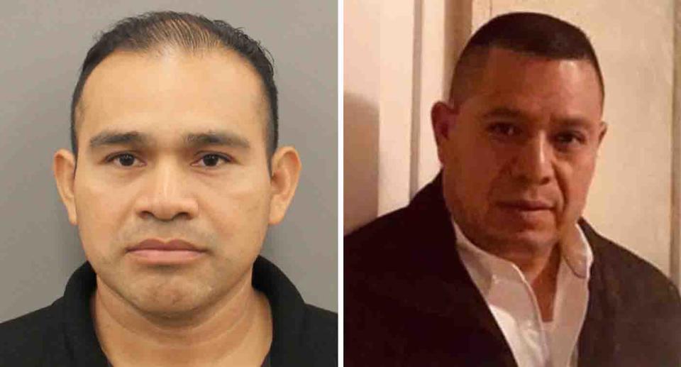 Tomas Mejia Tol (left) has been charged after his 12-year-old fatally ran over Enrique Vazquez (right) and his dog while driving a car, police allege. Source: Houston Police Department, ABC 13