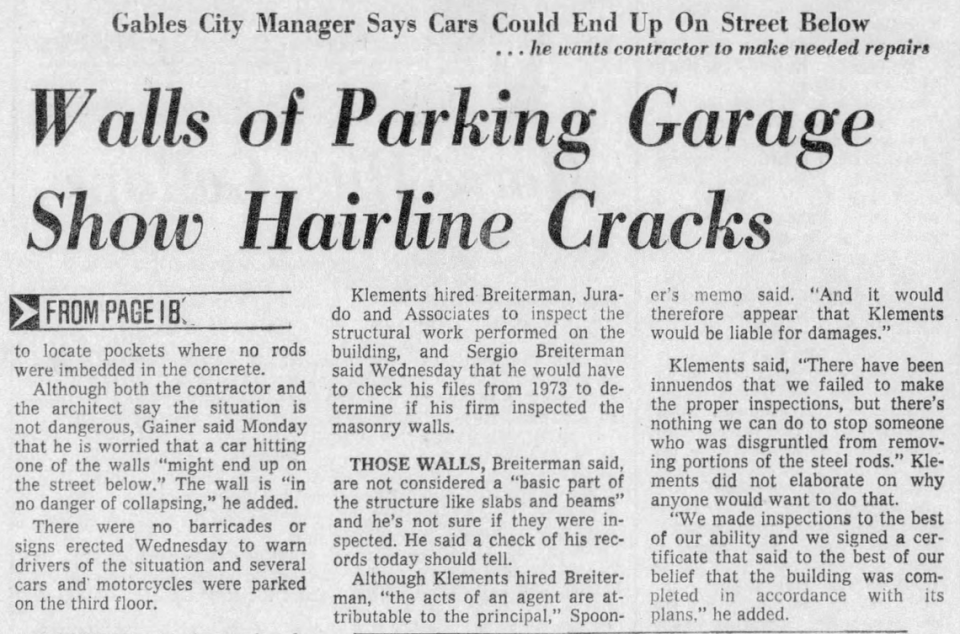 A Jan. 8, 1976, article in the Miami Herald details how the City of Coral Gables discovered the concrete in part of the new Public Safety Building was missing essential reinforcing steel.