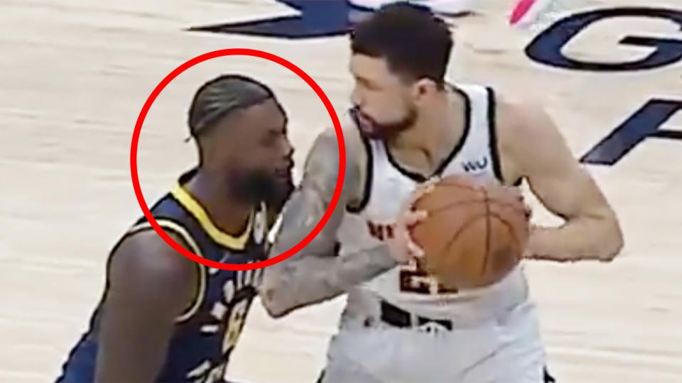 Denver Nuggets guard Austin Rivers was ejected after this play was deemed a 'mailicious act' by NBA referee Tony Brothers. Picture: Twitter