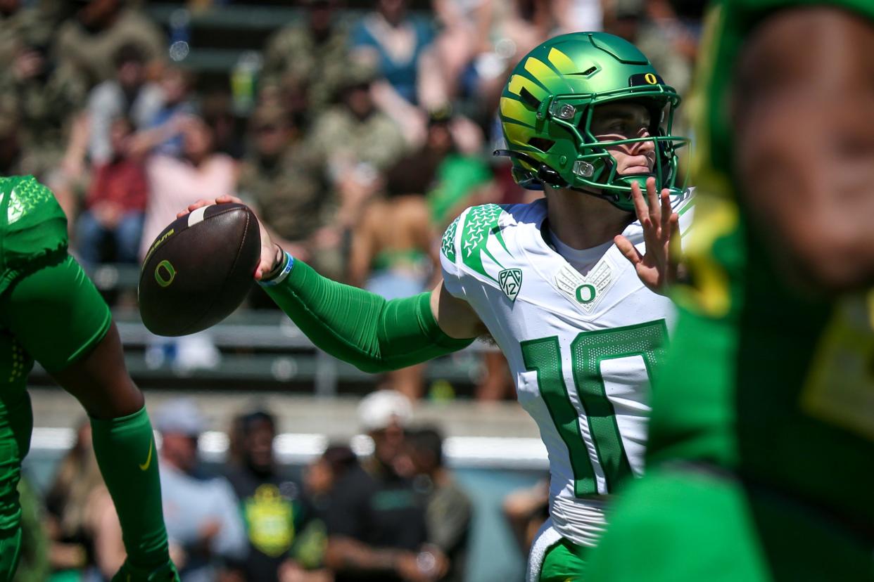 Green Team quarterback Bo Nix throws out a pass as the Oregon Ducks host their annual spring game at Autzen Stadium Saturday, April 29, 2023, in Eugene, Ore. 