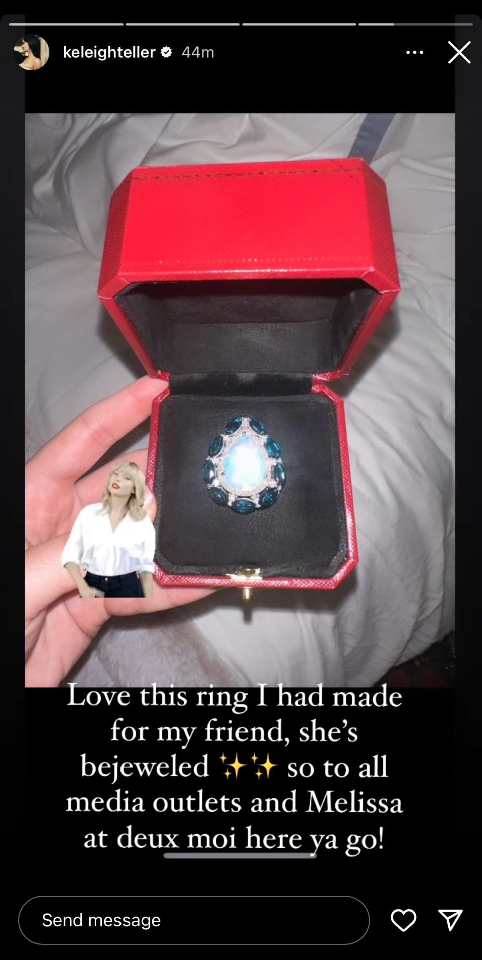 A screenshot of Keleigh Teller's Instagram story about Taylor Swift's birthday ring.