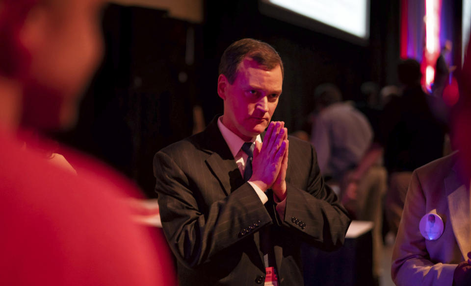 FILE - In this Saturday, June 2, 2018, file photo, minutes after receiving the Republican Party endorsement for governor, Jeff Johnson pauses behind the stage, in Duluth, Minn. Johnson has been supportive of President Donald Trump. (Glen Stubbe/Star Tribune via AP, File)