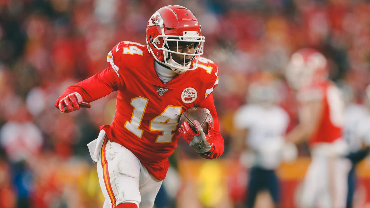 Kansas City Chiefs' Sammy Watkins catches a touchdown pass during the second half of the NFL AFC Championship football game against the Tennessee Titans, in Kansas City, MOAFC Championship Titans Chiefs Football, Kansas City, USA - 19 Jan 2020.