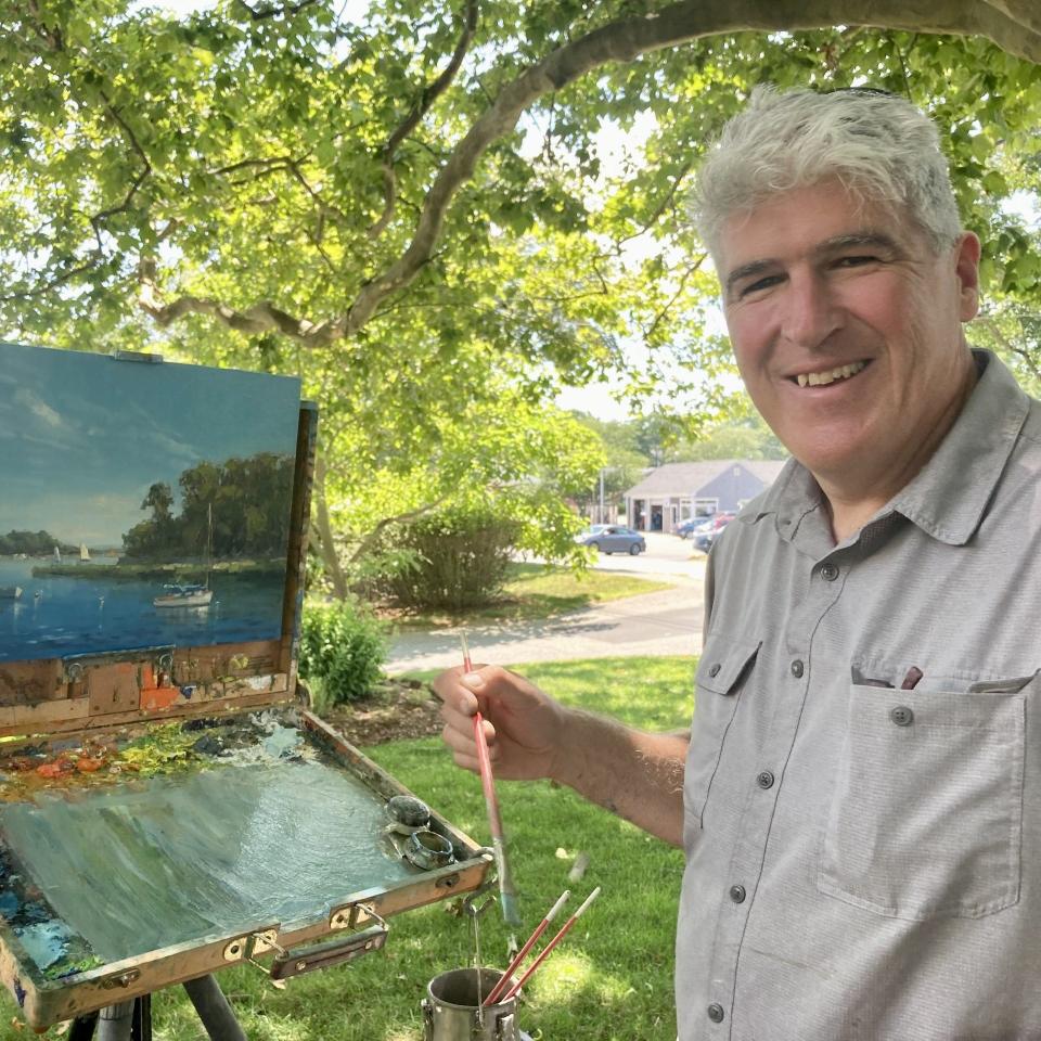 Jonathan McPhillips leads an oil painting demonstration during the Addison Art Gallery's kick off reception for Orleans Art Week.